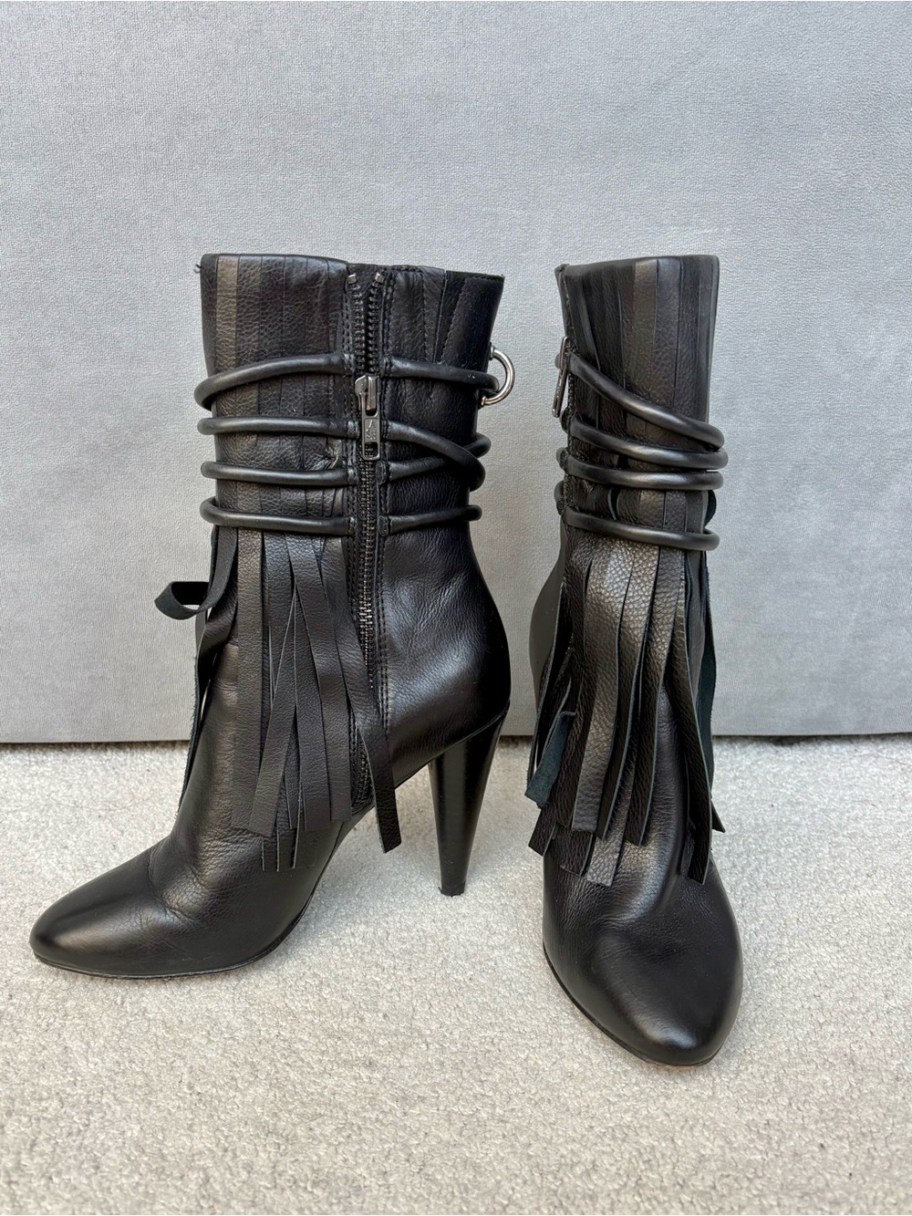 Ash Bird Leather Black Fringe Ankle Boots with Wrap Detail